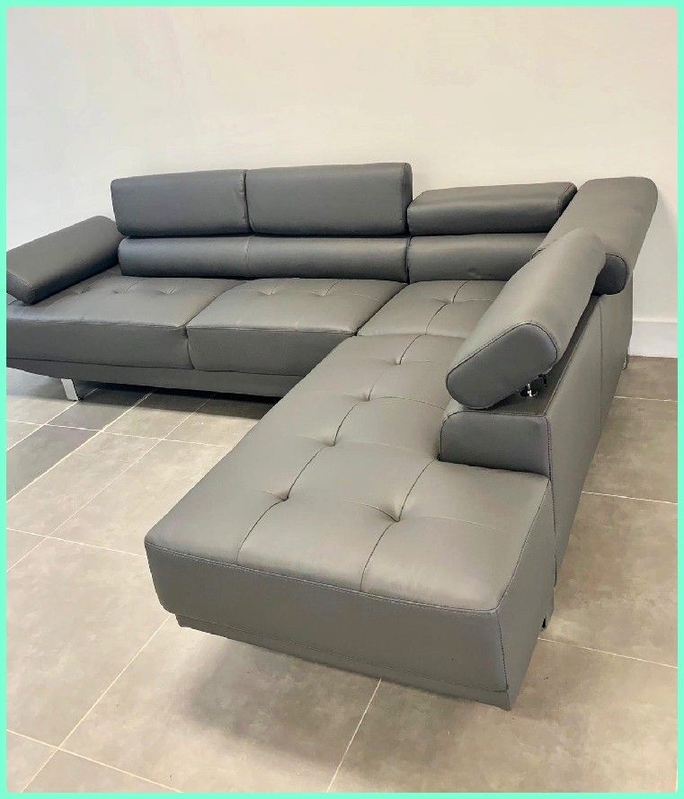 New grey faux leather sectional sofa adjustable headrest modern couch desing