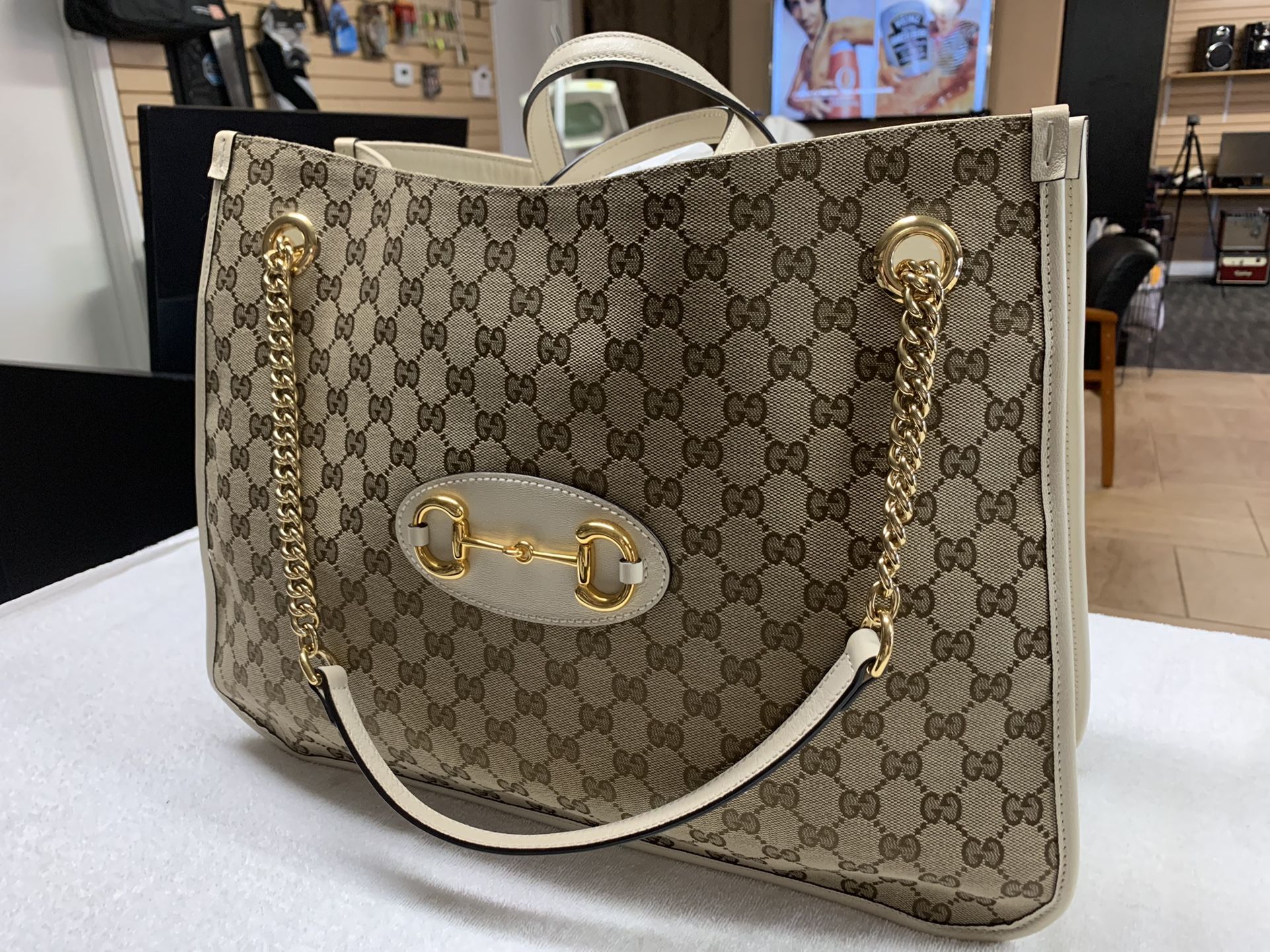 Gucci White GG Tote 1955 Horsebit