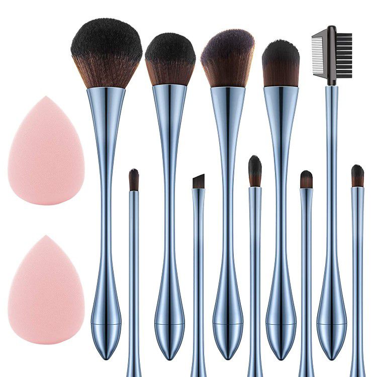 *New in Box* 10Pcs Makeup Brush Set w/ 2 Beauty Blenders - Blue