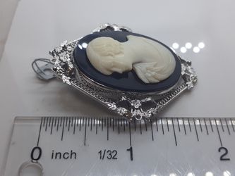 14k white gold antique filigree carved shell cameo brooch pendant charm 12.3 grams Thumbnail