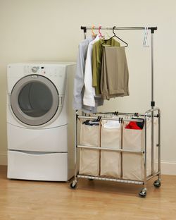 Seville Classics Laundry Hamper Sorter Cart Mobile Premium 3-Bag with Clothes Rack, Chrome Thumbnail