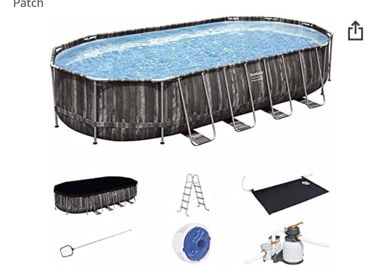 Bestway Power Steel 22’ x 12’ x 48’’ Above Ground Oval Pool Set w/Ladder, Cover, Filter Pump, Replacement Cartridge, Repair Patch