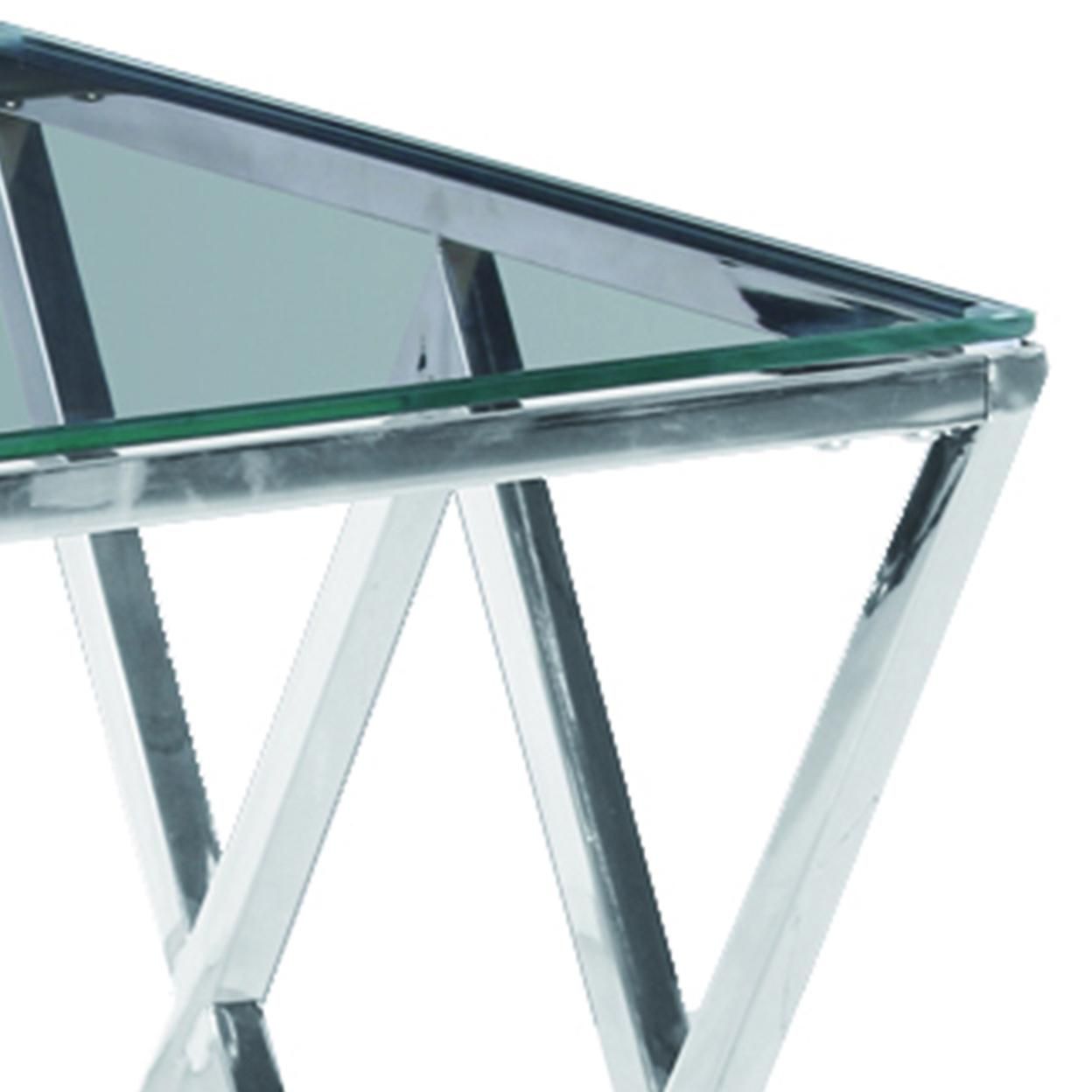 Saltoro Sherpi Diamond Shaped Metal Accent Table with Glass Top, Silver