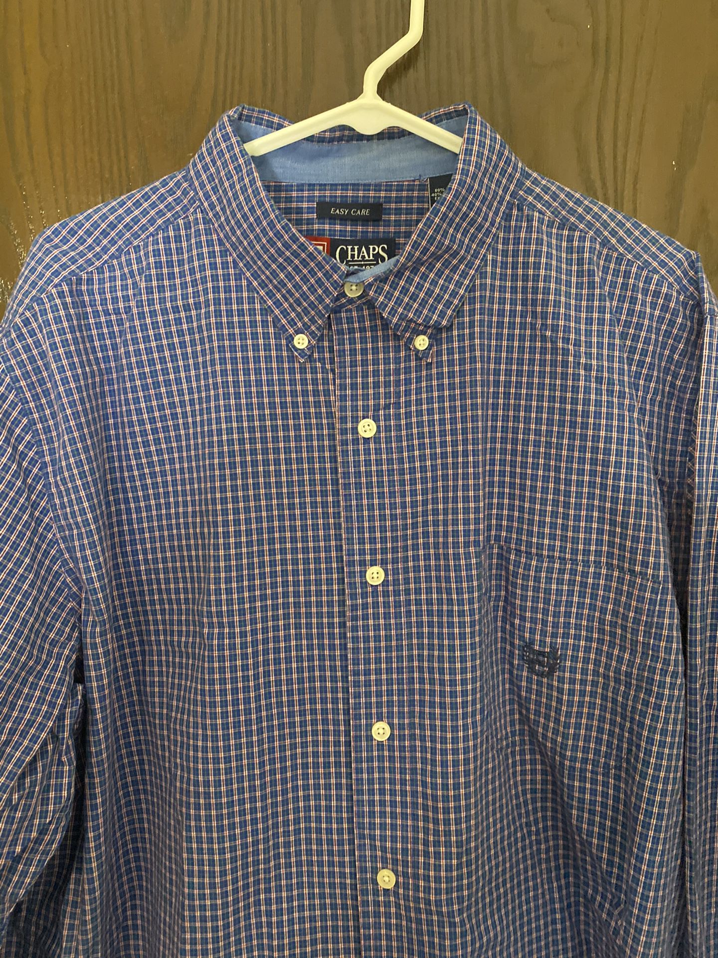 Chaps Easy Care Checkered Long Sleeve Blue Button Down Men's Size XL XLarge