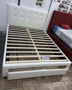 Brand New Full Size White Leather Platform Bed Frame +Storage Drawer  Thumbnail