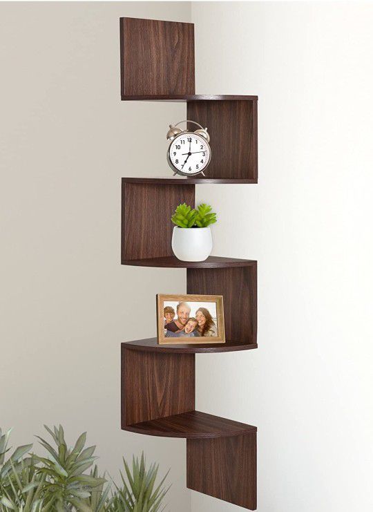 5 Tier Wall Mount Corner Shelves, Home Decor Hanging Shelves, Walnut