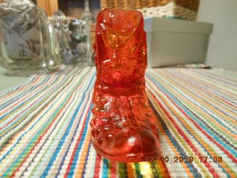 Vintage Fenton Amberina/Orange/Red Glass Hobnail Cat Head Shoe Thumbnail