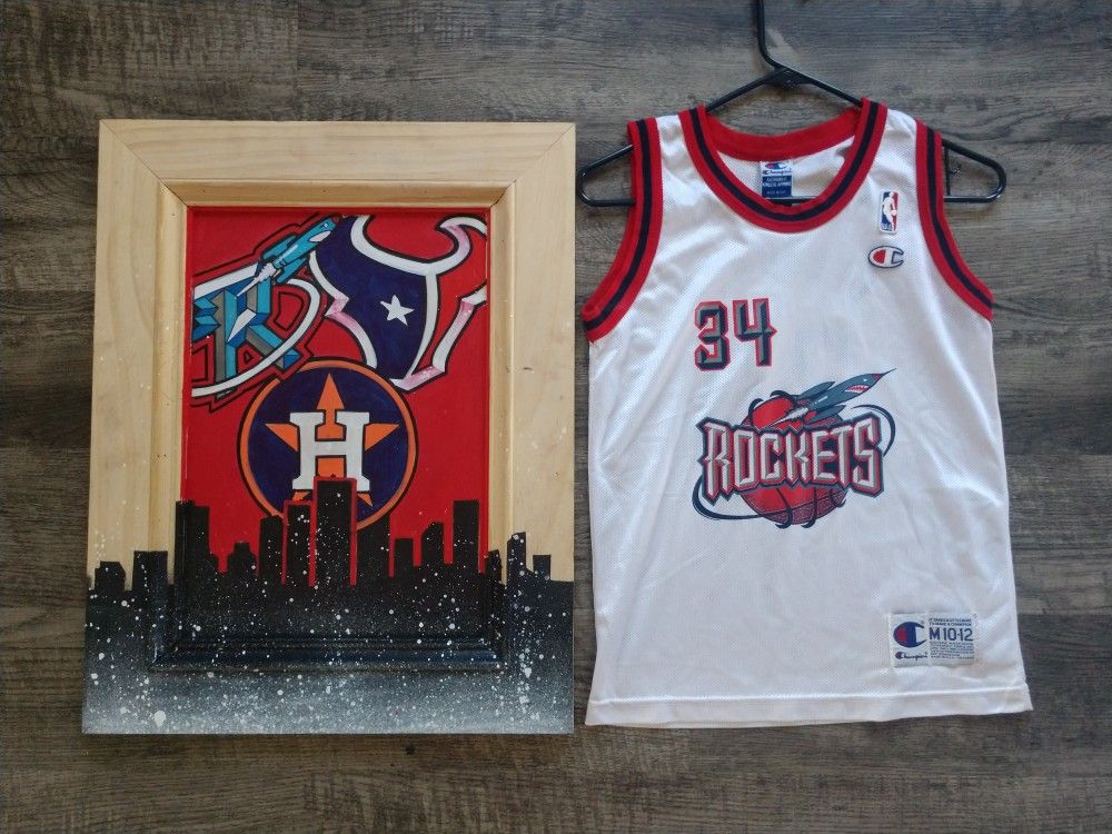 Custom Houston painting and vintage youth rockets jersey