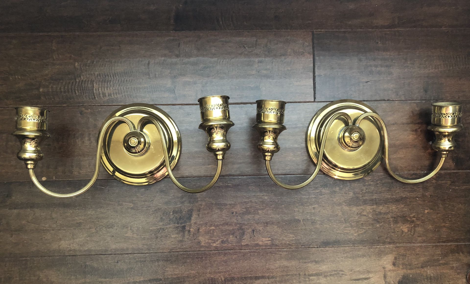 Vintage Pair of Brass Candle Holder Double 2 Arm Wall Candelabra 