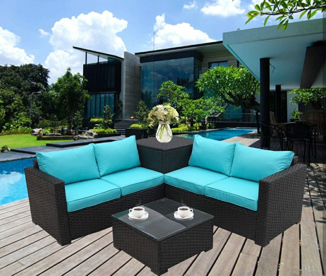 All Weather Outdoor Furniture Set (4 Piece) Black Rattan Sectional Set Conversation Sofa w/ Storage Bin