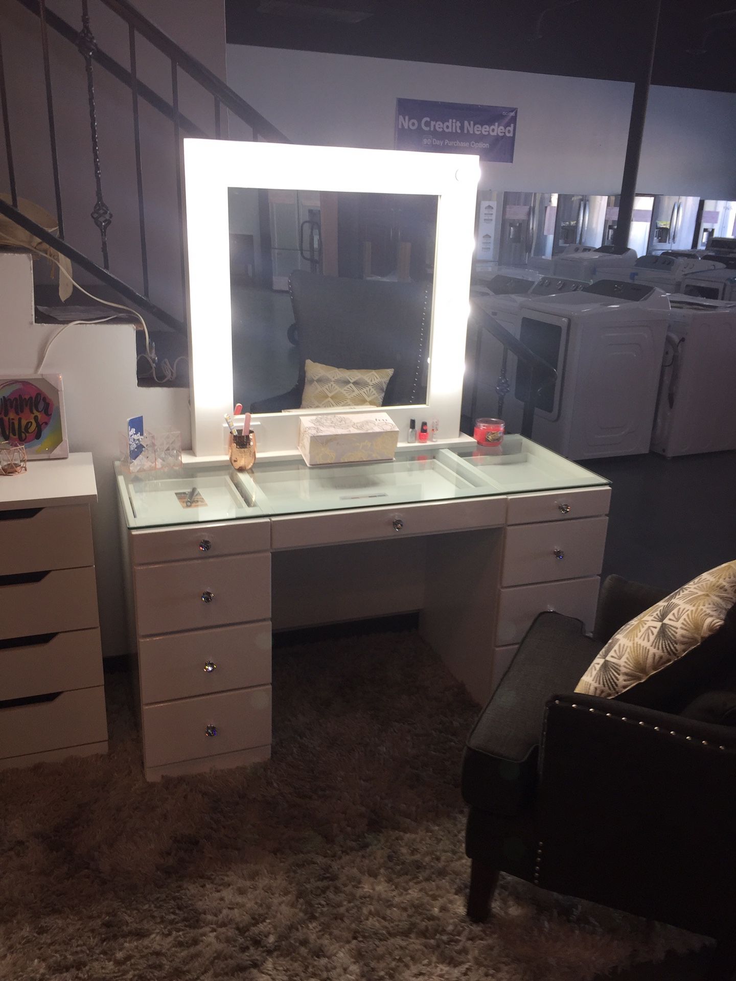 New Vanity Make Up White Dresser and Mirror Glass Top💄39$down🚚Same Day Delivery