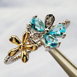 "Sweet Double Flower Sea Blue CZ Weave Thin Rings for Women, VP1672 Thumbnail