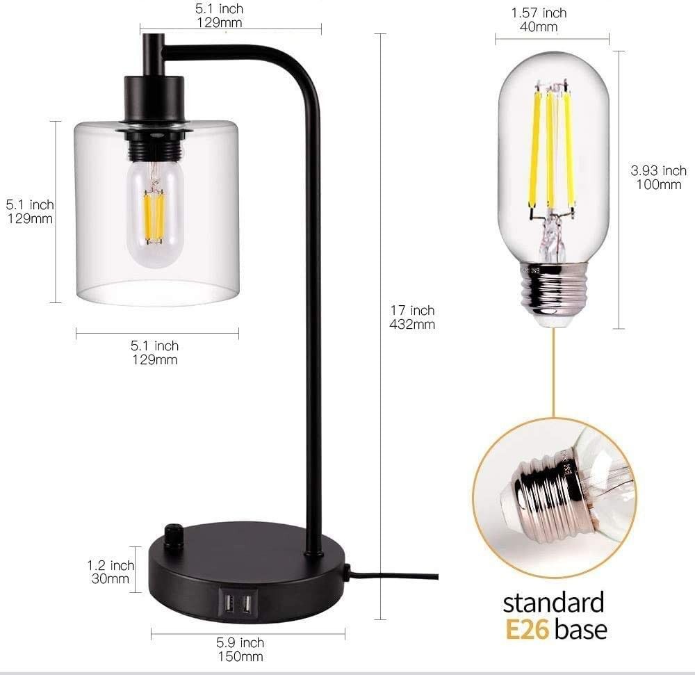 Industrial Table Lamp, Fully Dimmable Modern Nightstand Lamp with Dual USB Port, Glass Shade Table Lamps