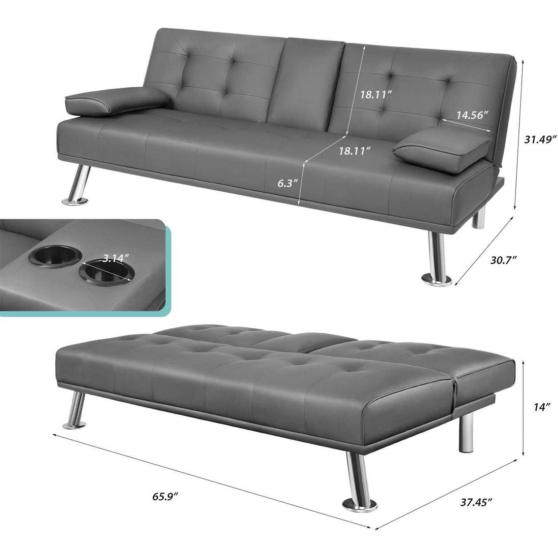 New Sofa Bed Modern Faux Leather Couch Bed Convertible Folding Recliner for Living Room with 2 Cup Holders and Armrest (Black) Modern PU Leather Conve