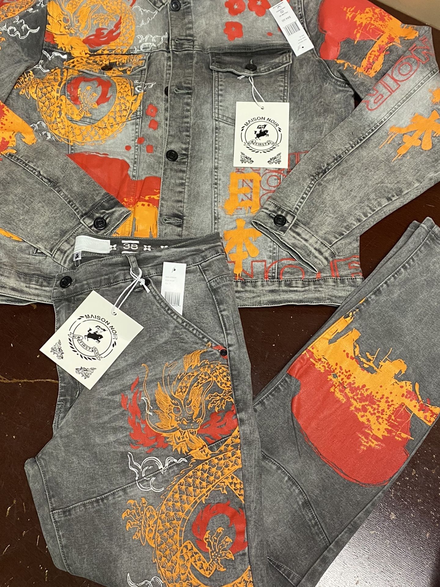 REASON BRAND TOKYO JEAN JACKET & JEANS SET "NWT" REASON JAPAN FLAME DENIM XL 38W