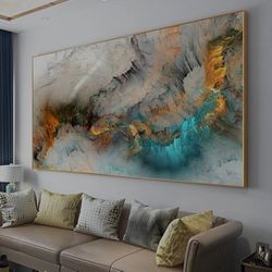 Light Gray Blue Yellow Cloud Abstract Canvas Frames - Canvas Painting Wall Art Print Poster for Living Room Decoration 70x140cm with Frame Thumbnail