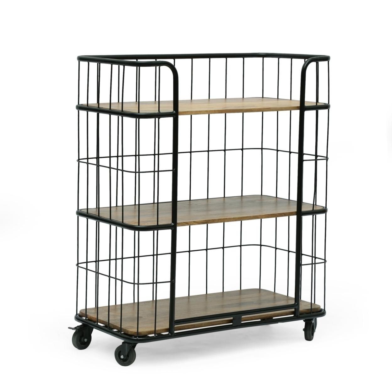 Baddow Modern Industrial Handcrafted Mango Wood Kitchen Cart with Wheels, Natural and Black