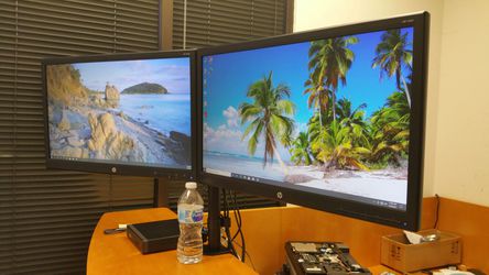 Dual-armed HP 24" LED monitors with cables: VGA, or DVI or HDMI or DP cables with power cords Thumbnail