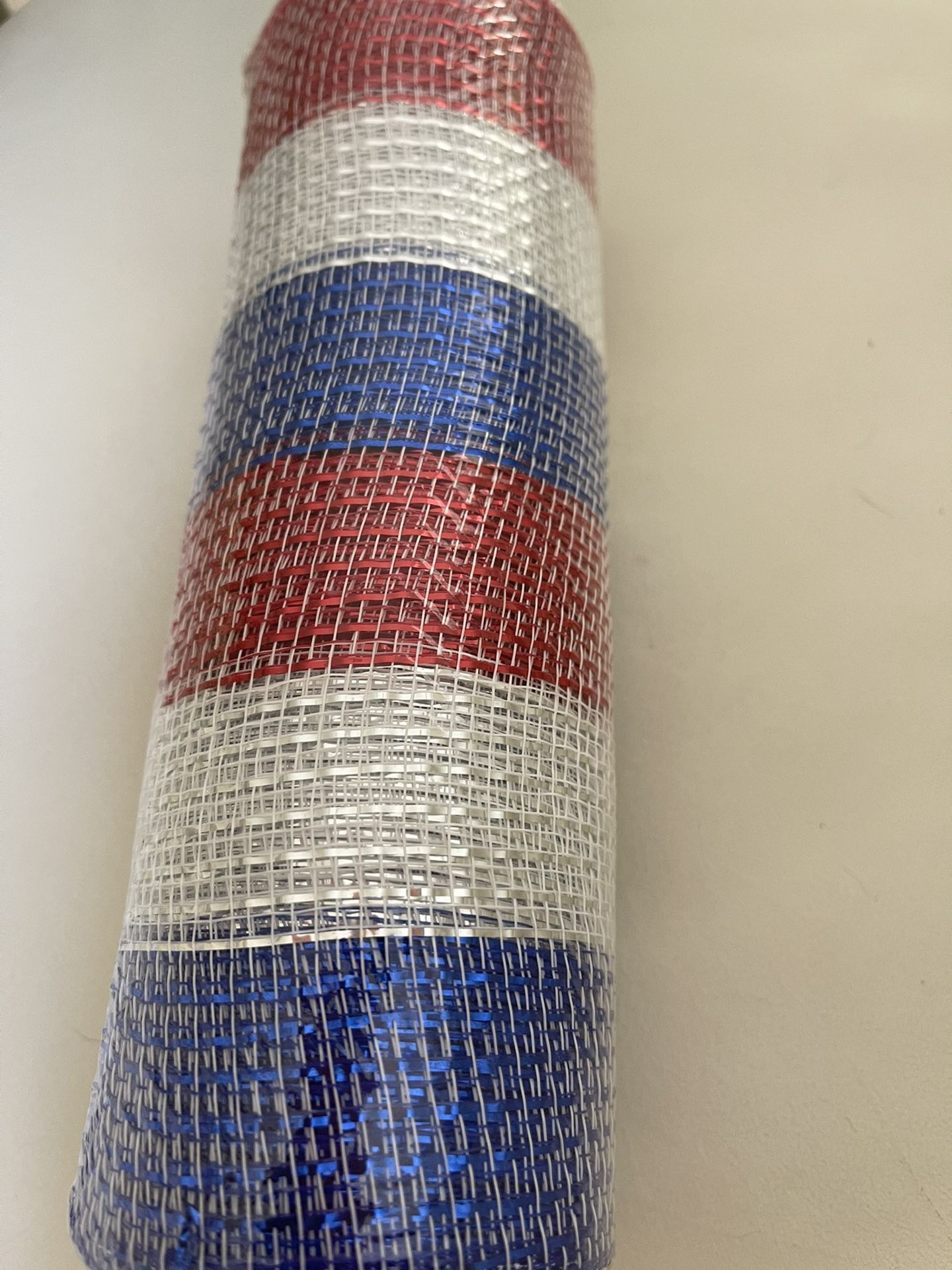 Patriotic 10” Wide Poly Deco Mesh: Metallic Red, White & Blue Stripes