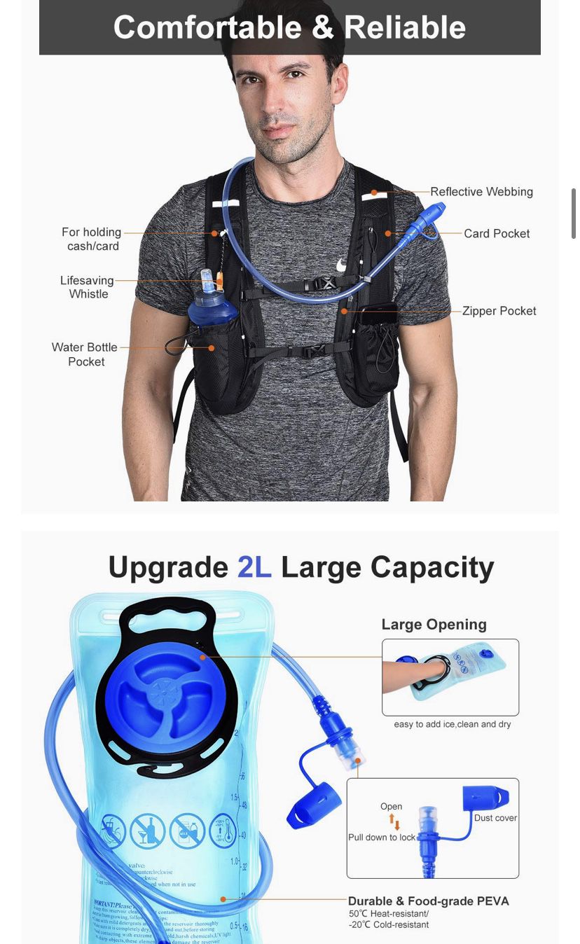  Hydration Pack Backpack - with 2L Water Bladder Bag Daypack for Hiking Marathon Running Race Outdoor Cycling Climbing Hunting Biking Lightweight Vest