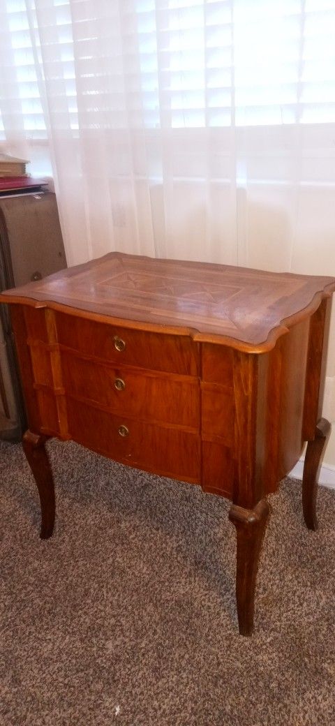 Signed Antique Inlaid Wood Sewing Table 3 Drawer desk With Key - Hollywood Actor Furniture