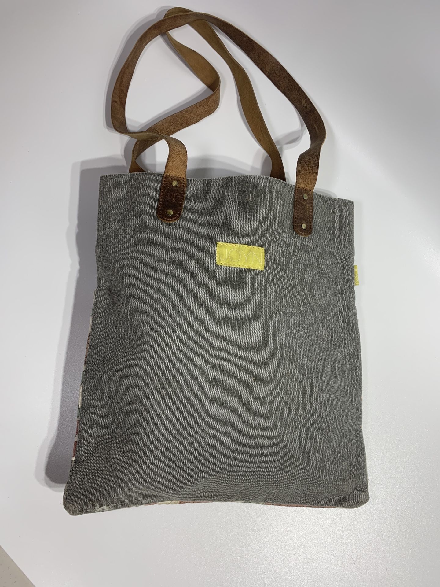 Joyn Canvas Tote Gray Pink with Brown Leather Straps. Used