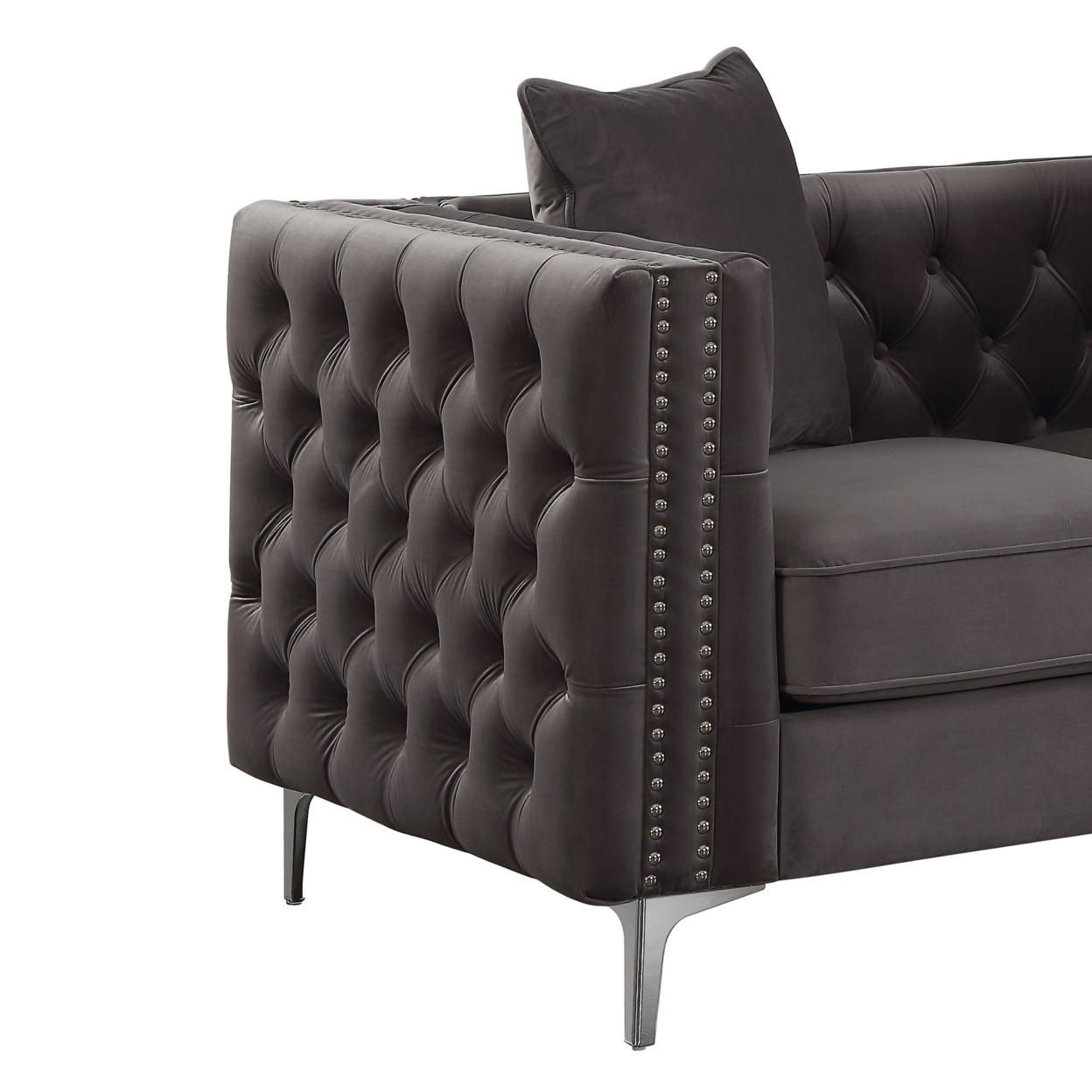 Velvet Upholstered Button Tufted Loveseat with Two Pillows, Dark Gray