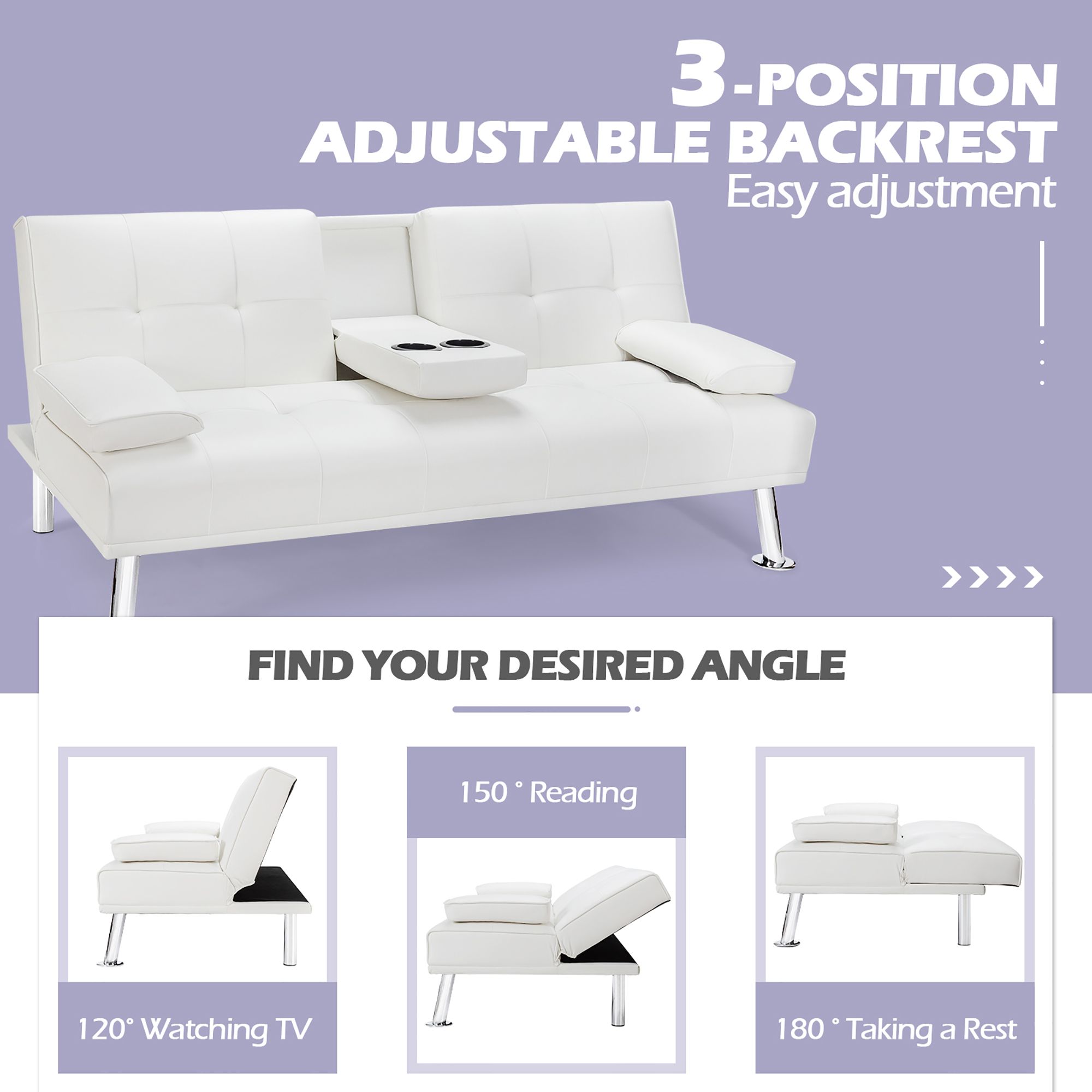 Costway Convertible Folding Futon Sofa Bed Leather w/Cup Holders&Armrests White