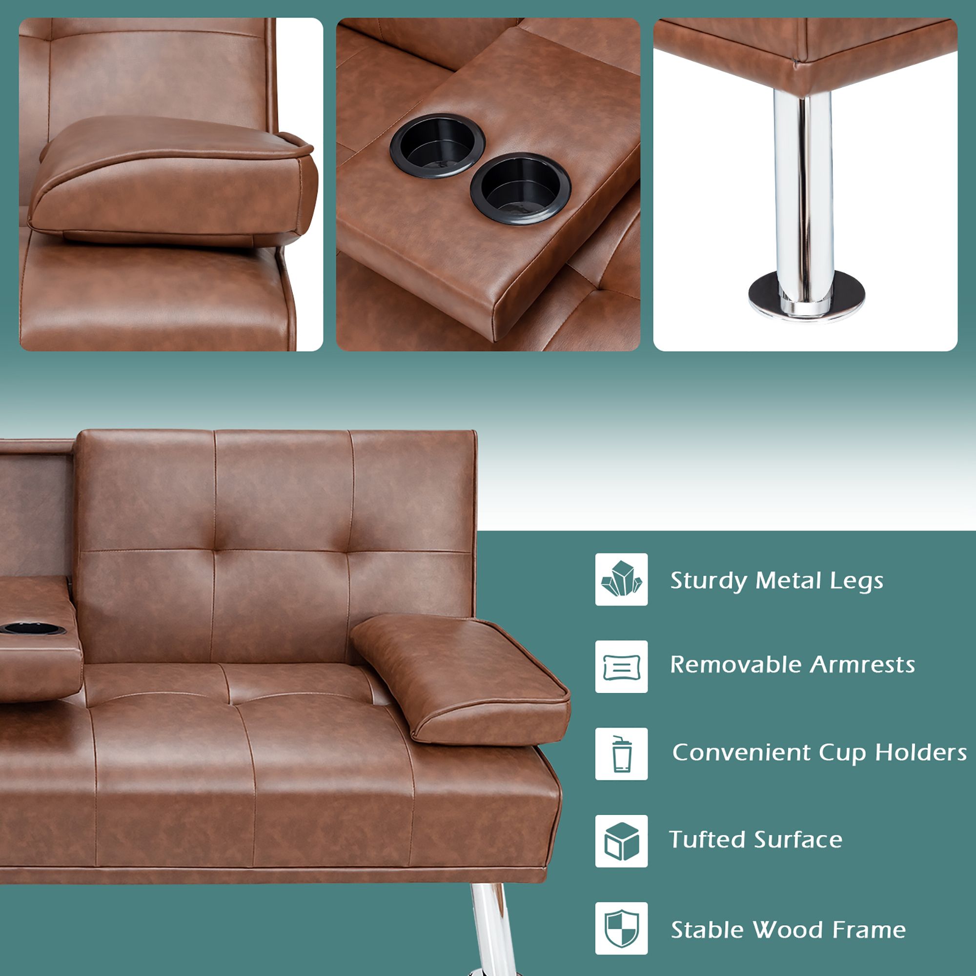 Costway Convertible Folding Futon Sofa Bed Leather w/Cup Holders&Armrests Brown