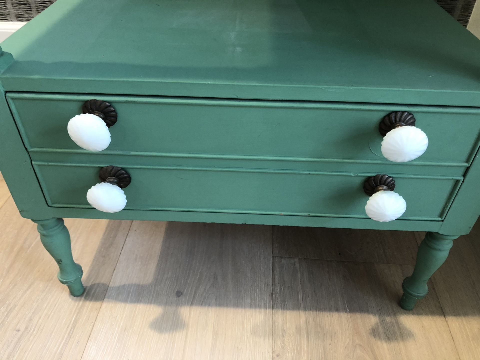 Antique Green End/Side Table With Milk glass Knobs