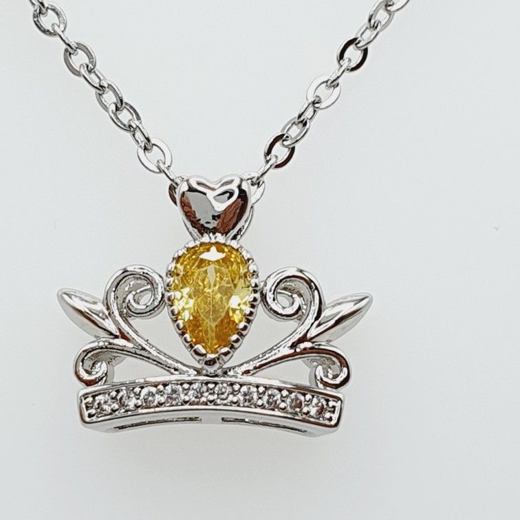 "Lovely Crown Shape Yellow Crystal Pur Pear Zircon Silver Necklace, L591