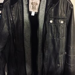 Route 66 Layered Zip-On Charcoal Grey Hooded Leather Men’s Coat Jacket Thumbnail