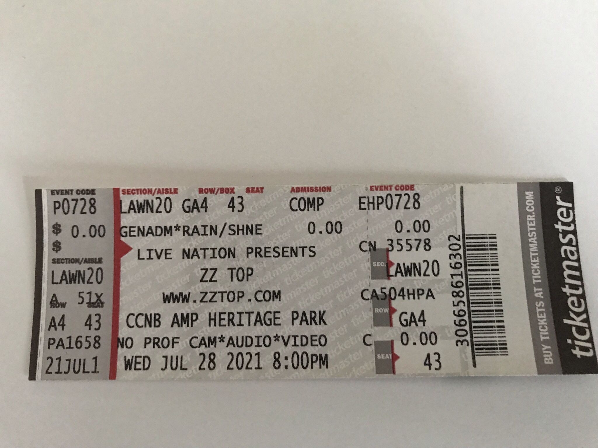 ZZ Top Complete Ticket