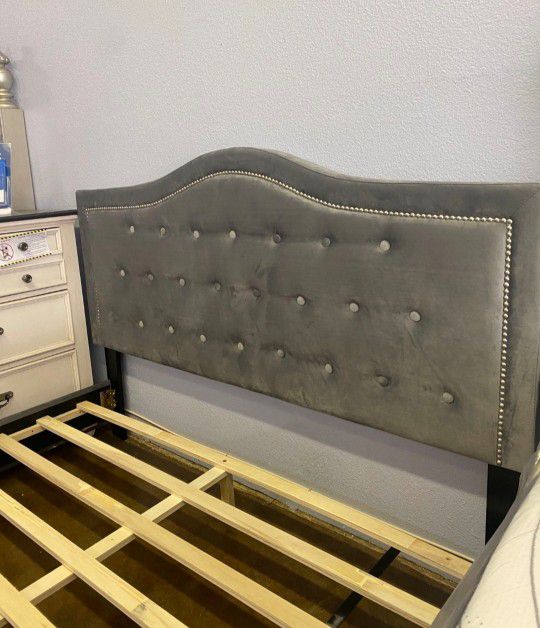 Brand New Queen Size Grey Velvet Upholstered Platform Bed Frame (New In Box) 