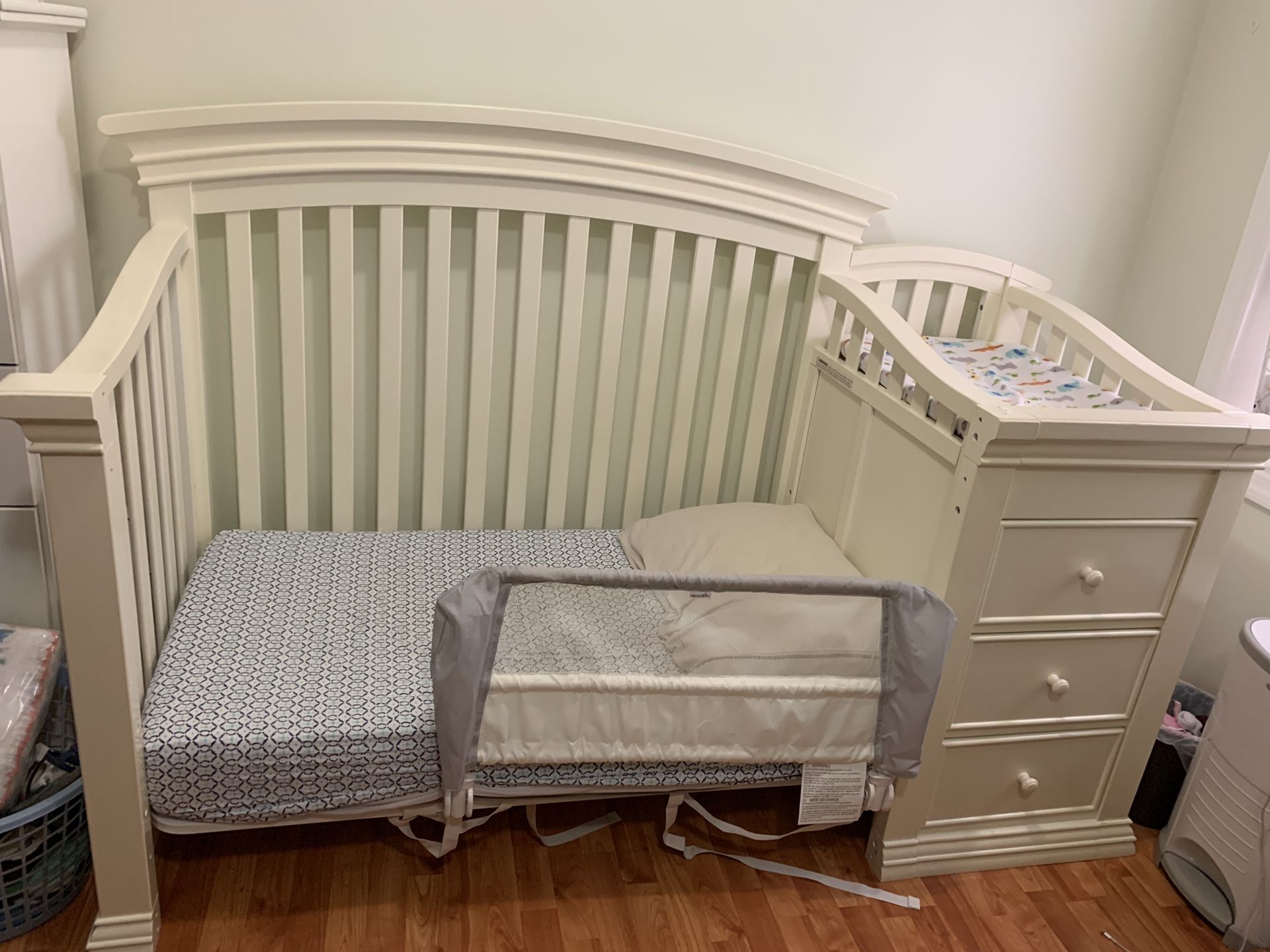 Solid wood Crib with changing table, mattress, and toddler railing for