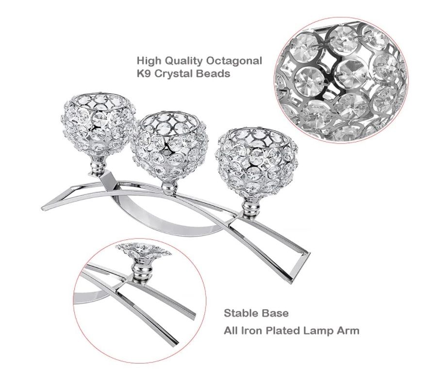 Crystal Candle Holders,Wedding Candle Holder 3-Candle Candelabras,Silver Candlesticks Holders for Candlelight Dinner,Home Decoration (Silver)