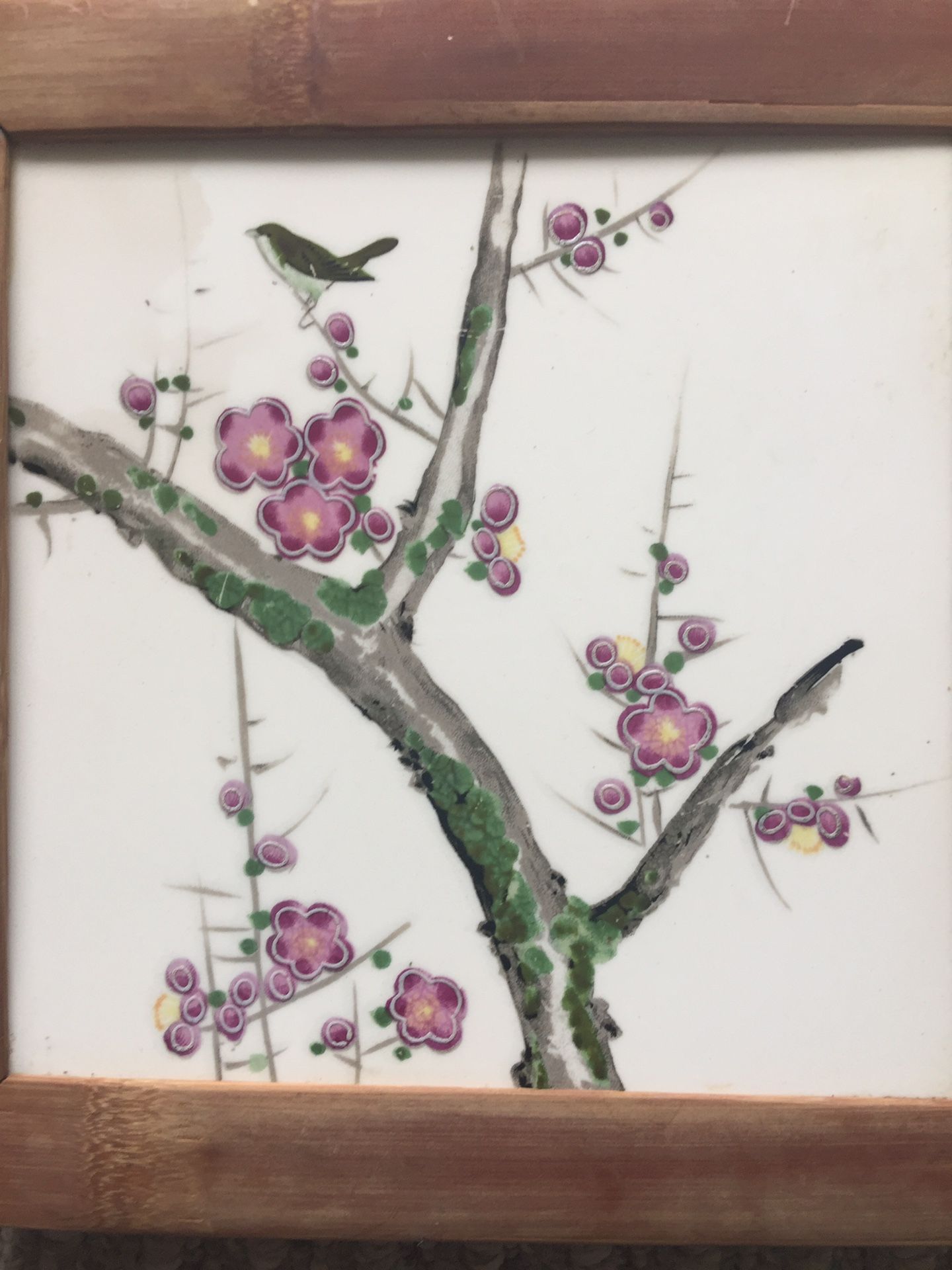 Handmade And Painted Ceramic Tile Hot Plate/ Trivet On Wood Base 8” Sq