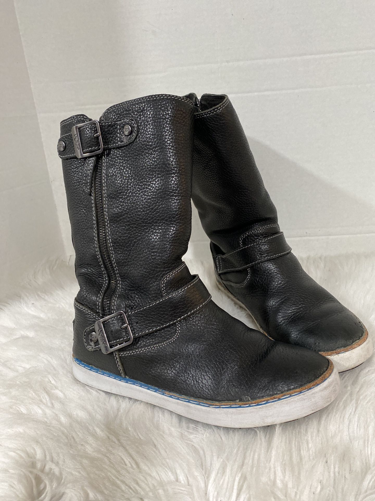 UGG Australia Andra Black Leather Mid Calf Women Boots Size 7.5