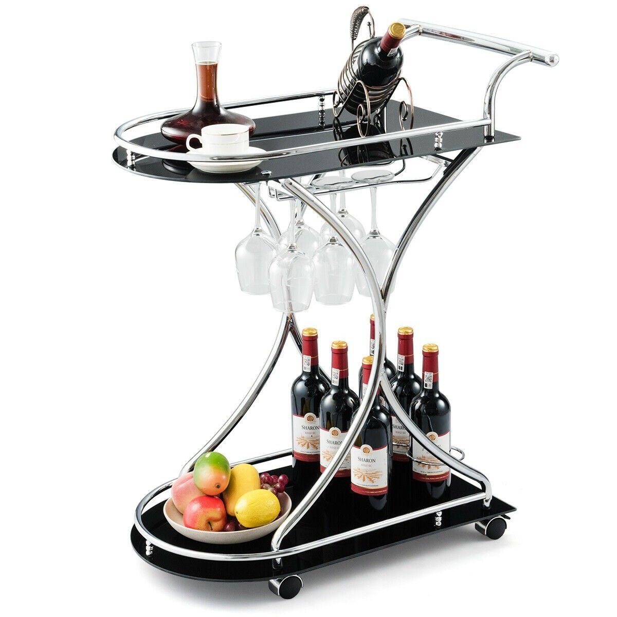 Rolling Bar Cart with Metal Frame Glass Serving