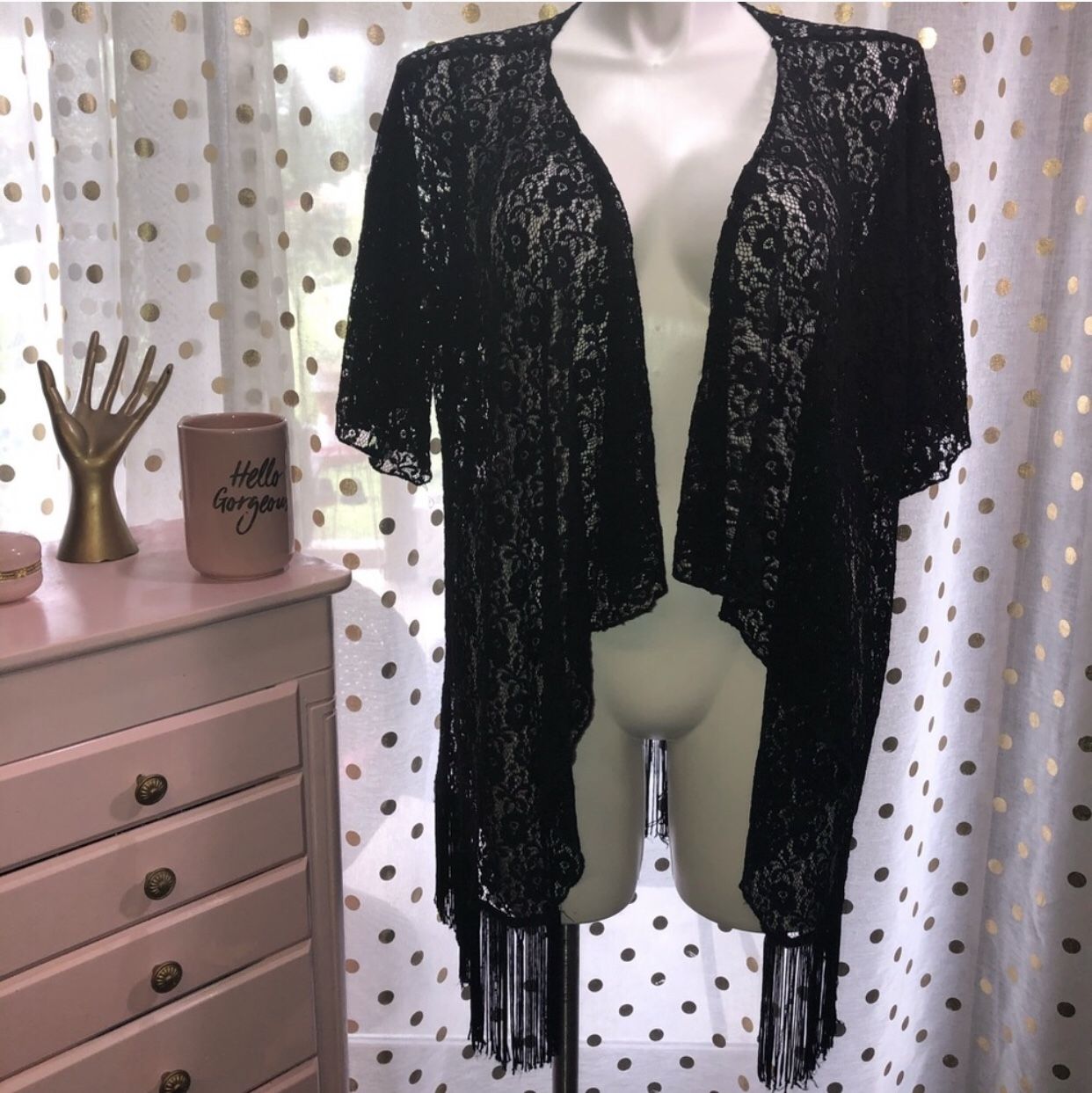 LuLaRoe Size Large Black Fringe Open Front Sweater Cardigan