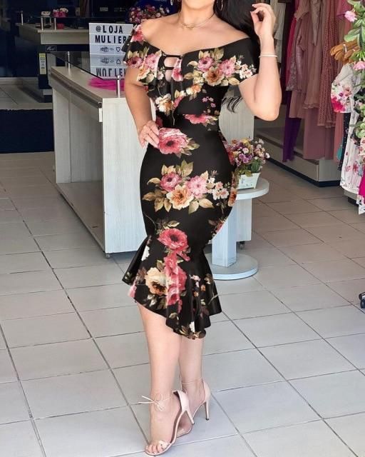 Mirnerba Elegant Women Fashion Off Shoulder Ruffled Sleeve Slim Fishtail Party Dress B