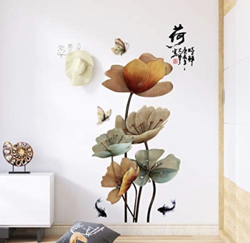 LLYDD Lotus Wall Sticker Green Leaves Fish Butterfly Wall Stickers Decal Art Decor Peel Stick Self - Adhesive for Living Room Bedroom Kitchen Playroom