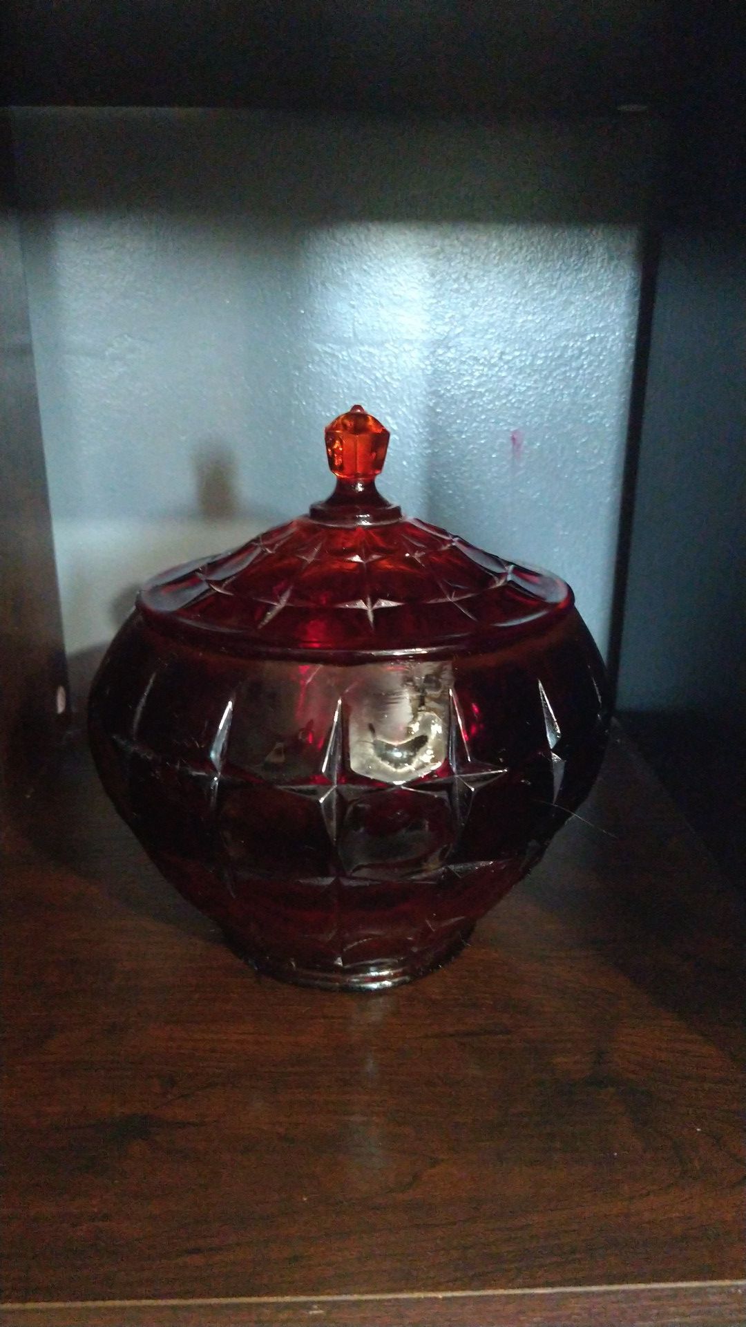 Red glass candy dish with lid