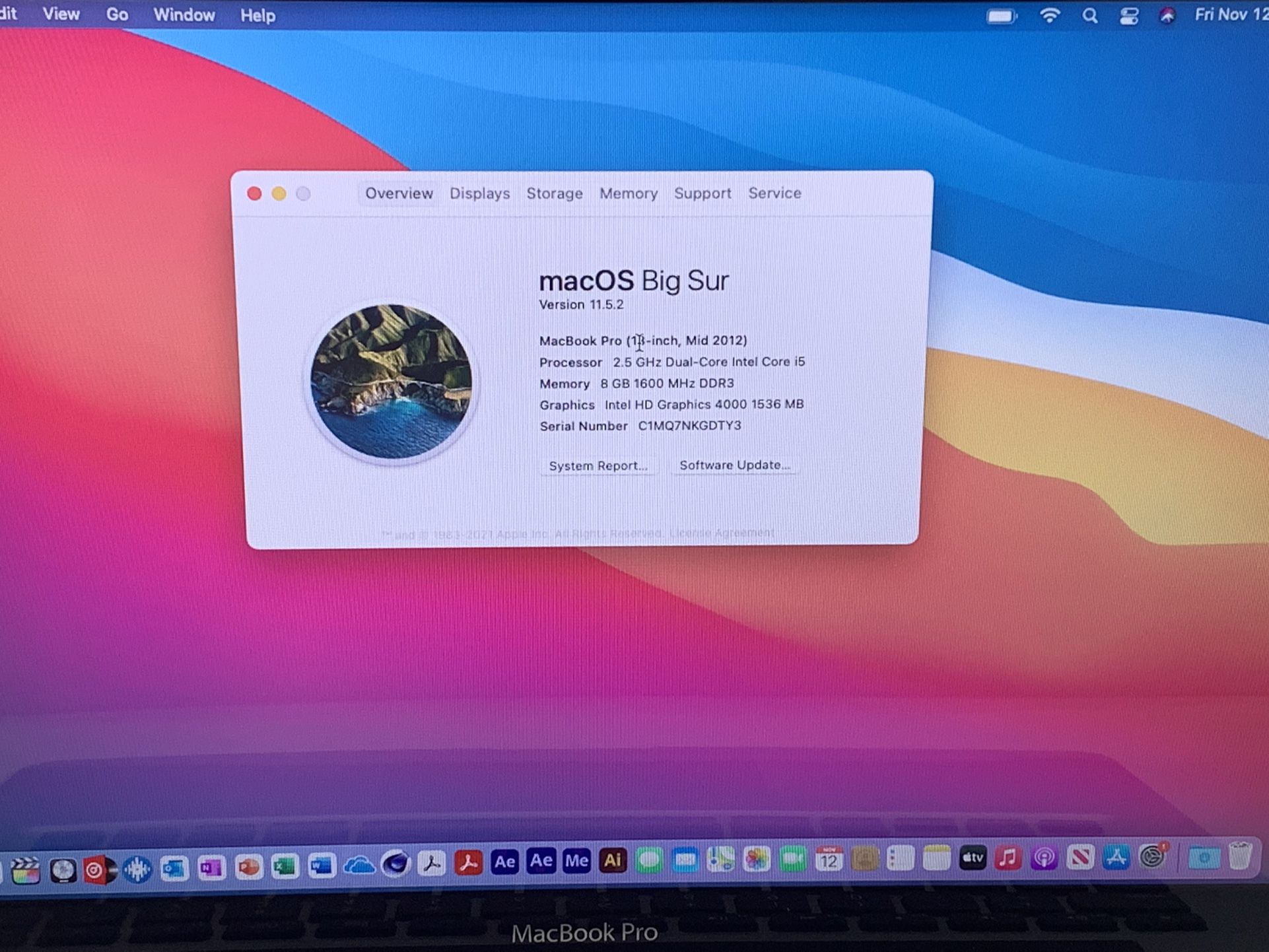 Macbooo Pro 13” 2.5GHz i5 2012 8GB RAM 500HB HDD MacOS BIG SUR 2021 