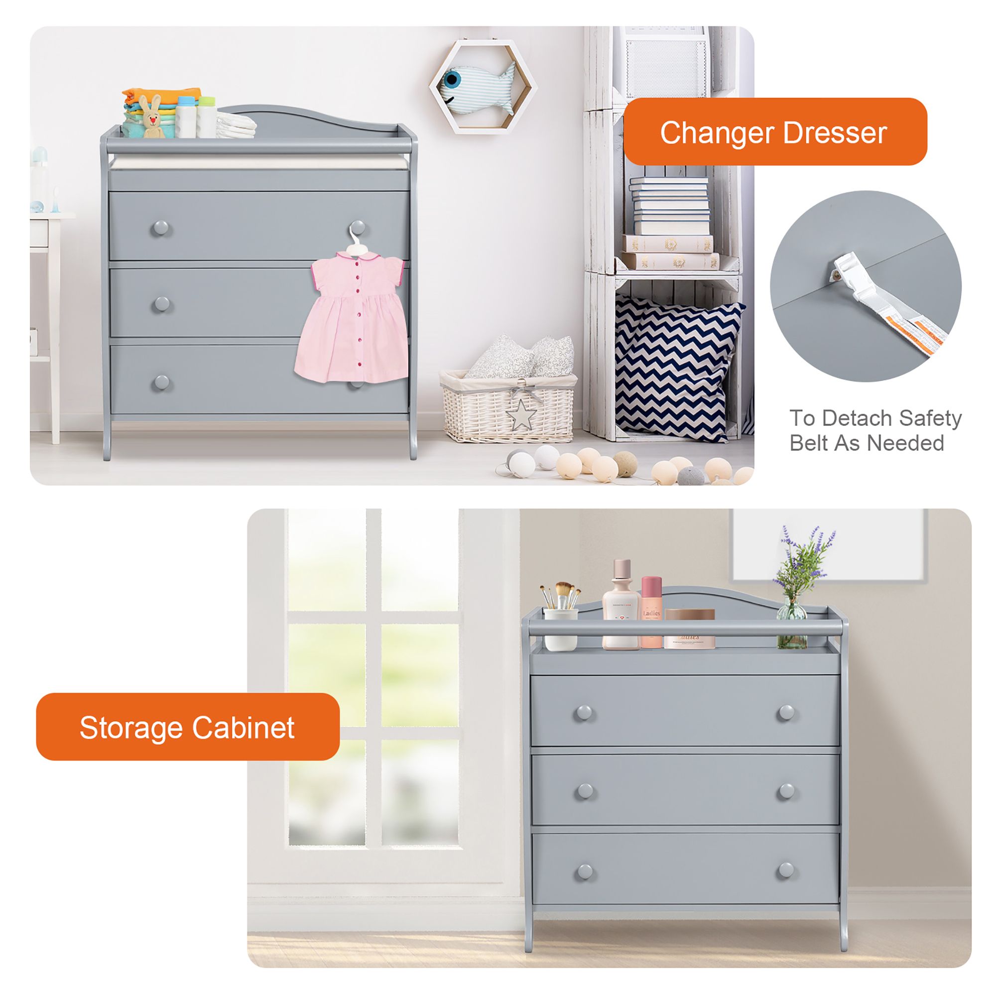 Costway 3-Drawer Dresser Changing Table w/Safety Belt Guardrails for Kids' Room