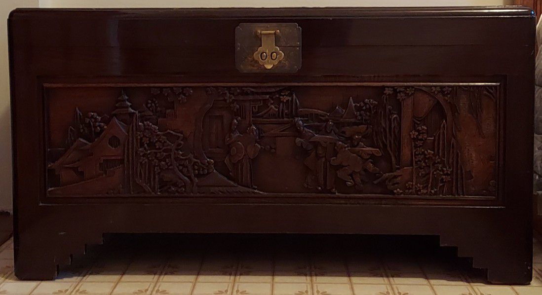 Vintage Chinese Carved Camphor Wood Trunk 