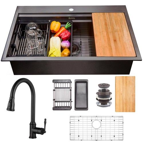 AKDY All-in-One Matte Black Finished Stainless Steel 30 in. x 22 in. Single Bowl Drop-in Kitchen Sink with Pull-down Faucet- #75105-OS