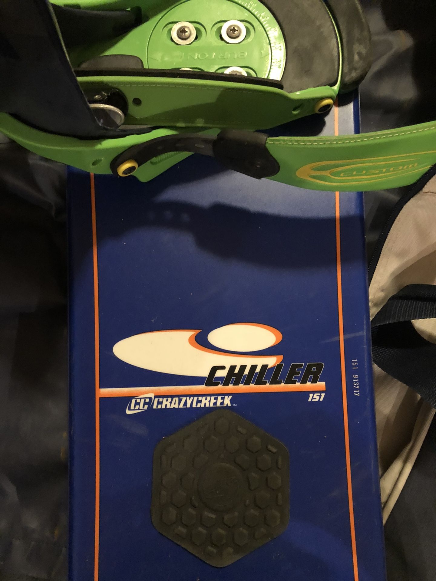 Snowboard with boots and bag