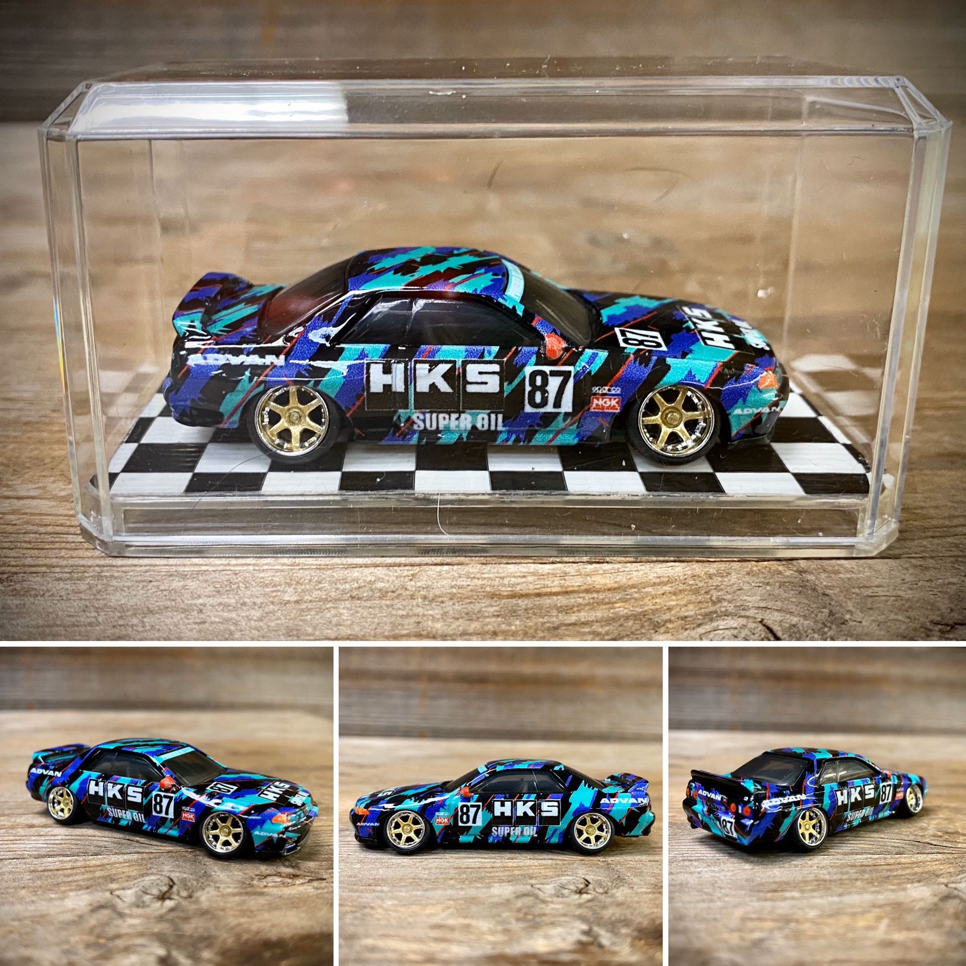 CUSTOM 1:64 HKS Nissan Skyline R32 - Hot Wheels (Lowered + camber with upgraded 7-spoke gold wheels with chrome lip)
