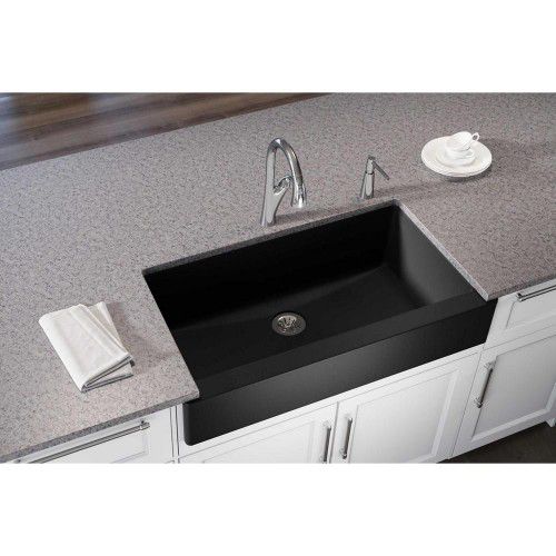Elkay Quartz Luxe Perfect Drain Farmhouse Apron Front Composite 36 in. Single Bowl Kitchen Sink in Caviar - #71494 -OS